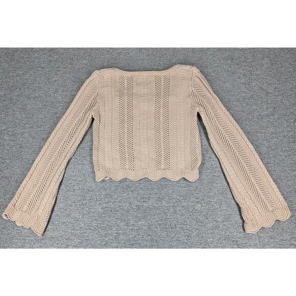 PINK ROSE WOMEN'S CROPPED KNIT SWEATER SIZE SMALL BEIGE TEXTURED CABLE OPENWORK - Picture 4 of 9